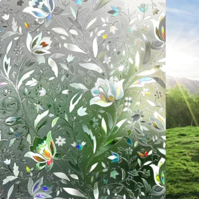 Immagine di rabbitgoo Pellicola Privacy per Finestre e Vetri 3D Fiori Decorative Autoadesive Controllo di Calore con Effetto Arcobaleno Anti UV, Casa Bagno Cucina Ufficio, 90x200cm