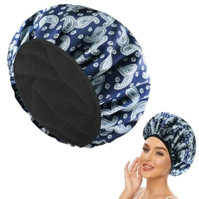 Immagine di Cuffia Doccia Donna,Cuffia per Capelli in Raso a Triplo Strato,Cuffia Riutilizzabile,Cuffia con Fodera Microfibra,Cuffie Tutte le Lunghezze dei (Stampa Blu)