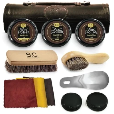 Immagine di kit per la cura e lucidatura delle scarpe da 12 pezzi, lustrascarpe in pelle con cera marrone, spazzole lucidare, compatto pulizia