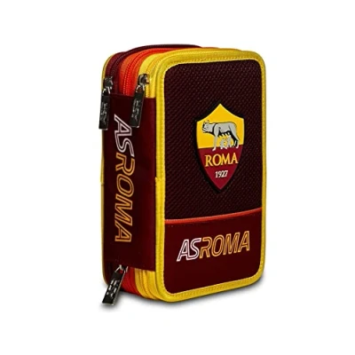 Immagine di AS Roma Astuccio Scuola Elementare 3 Scomparti, Gallo Rosso, Completo di Matite, Penne, Pennarelli, Portapenne Bambino Elementari