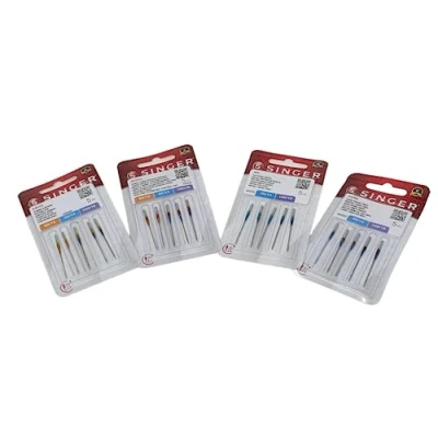 Immagine di Singer, set di 4 confezioni aghi per cucire, punto elastico, universali, cotone, jeans e pelle 2020, 2045, 20246 2032 sistema 130/705 H (piatto da un lato)