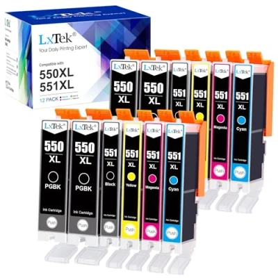 Immagine di LxTek 550XL 551XL Compatibile Sostituzione per Canon PGI 550 CLI 551 XL Cartucce d&#039;inchiostro Pixma IP7250 MX925 MX725 MX920 IX6850 MG5450 MG5550 (PGBK Nero Ciano Magenta Giallo, 12 Pack)