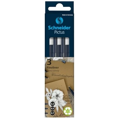 Immagine di Schneider Pictus Fineliner (spessore tratto 0,3, 0,5 e 0,7 mm, fodera in pigmetetro per documenti, punta rivestita metallo, alloggiamento 85% plastica riciclata), colore nero, confezione da 3