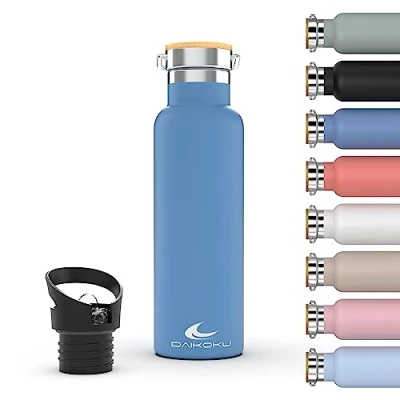 Immagine di Daikoku Bottiglia, Termos in Acciaio Inossidabile a Doppia Parete, Mantiene Bevande Calde o Fredde per Ore, Due Tappi, Blu, 750 ML
