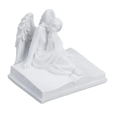 Immagine di Relaxdays Statuetta Angelo Custode Seduto, Statua Commemorativa Resistente al Gelo, per Giardino, Poliresina, Bianco, 15 x 17,5 15,5 cm
