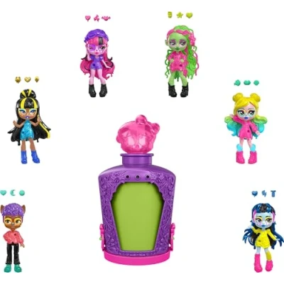 Immagine di Monster High Potions Mini bambole e accessori, personaggi a sorpresa da 7,5cm in una boccetta esposizione con ciondolo, effetto cambia colore acqua, giocattolo per bambini, 4+ anni, HYB10