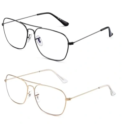 Immagine di JM 2 Pack Occhiali da Lettura Quadrati, Lettore di Computer con Blocco Della Luce Blu montatura in metallo per Donna Uomo +2.00（Oro &amp; Neri）