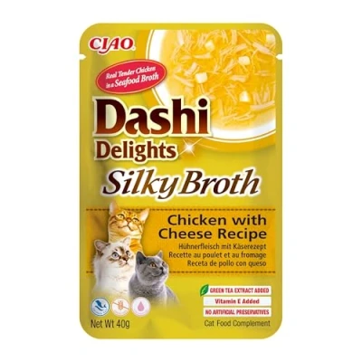 Immagine di INABA Dashi Delights Silky Broth, Delicati Fiocchi in Brodo di Pollo Con Formaggio Cibo Umido per Gatti, Snack Gatti Proteine, Ingredienti Naturali Pasto Complementare 1 x 40gr