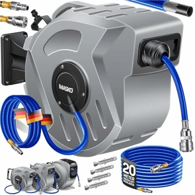 Immagine di MASKO® Avvolgitore per tubo ad aria compressa automatico Attacco 1/4 Avvolgitubo Portatubo a muro compressa, Grigio, 20m