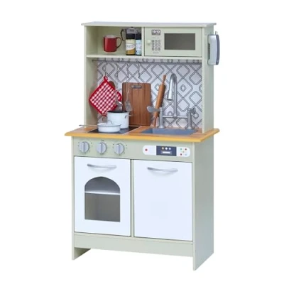 Immagine di Teamson Kids Little Chef Boston Modern Farmhouse Set da Gioco in Legno con funzioni interattive e 9 Accessori Cucina, Verde Chiaro/Bianco TD 12679D, Colore Oliva, Small