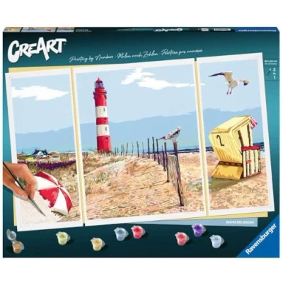 Immagine di Ravensburger CreArt Trittico, Spiaggia del Nord, Kit per Dipingere con i Numeri, Contiene 3 Tavole Prestampate, Pennello, Colori e Accessori, Gioco Creativo Relax Adulti 14+ Anni