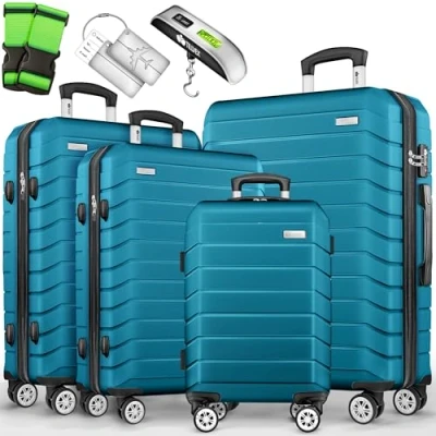 Immagine di tillvex® set di 4 valigie da viaggio + bilancia per bagagli, 8 cinghie valigia e etichette ruote, trolley TSA, custodia rigida S M L XL
