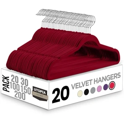 Immagine di Utopia Home, grucce in velluto, confezione da 20 antiscivolo, con gancio girevole a 360 gradi, resistenti, appendiabiti per pantaloni cappotti, colore Borgogna