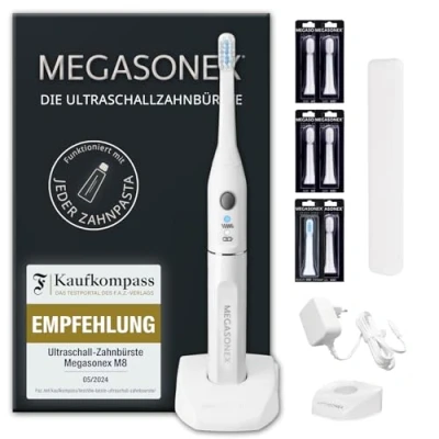 Immagine di MEGASONEX Spazzolino da denti a ultrasuoni M8, con 2 livelli di vibrazione, inoltre include 4 testine morbide bianco