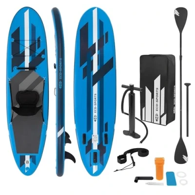 Immagine di ECD Germany Tavola Gonfiabile Paddle Board Stand Up SUP con Sedile per Kayak 305 x 78 15cm Blu Pagaia in PVC Include Pompa Borsa da trasporto e Accessori Surfboard max 120KG