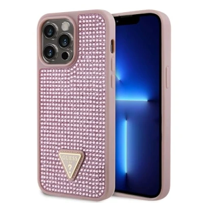 Immagine di CG Mobile Guess Custodia per iPhone 15 Pro Max con strass e logo triangolare, antigraffio, resistente alle cadute, antiurto, protezione completa sottile, colore rosa