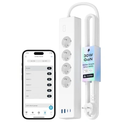 Immagine di Meross Ciabatta Multipresa Matter con USB C 30W, Smart WiFi Caricatore Rapido Simple Setup, Compatibile Alexa, Apple HomeKit e Google, 16A, 4 Prese, 2 A C, 1,8M