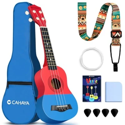 Immagine di CAHAYA Ukulele Soprano da 21 Pollici: in Tiglio con Custodia Portatile, Tracolla Regolabile Spartiti Corde di Ricambio Panno per la Pulizia e 4 Plettri, Adatto Bambini, Rosso Blu