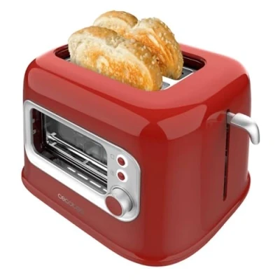 Immagine di Cecotec Tostapane Verticale RetroVision Red, Potenza 700W, 2 Fessure Extra Larghe, Design Unico di Visualizzazione, Controllo della Tostatura, Retrò, Copertura Antipolvere