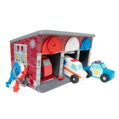 Immagine di Melissa &amp; Doug Garage con Chiavi e Veicoli da Soccorso, Set di in Legno (Pompieri, Ambulanza, Polizia), Gioco, Gioco Ruolo, Regalo Bambini Bambine 3, 4, 5, 6, 7 Anni