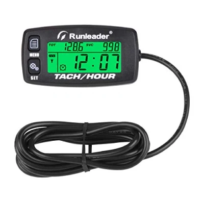 Immagine di Runleader Contagiri del contaore di,promemoria di manutenzione, RPM avviso, display retroilluminato, batteria sostituibile per marino generatore tosaerba e dispositivo a gas(Button BK)
