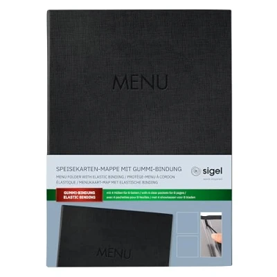 Immagine di SIGEL SM202 Cartellina portamenù 1 pezzo incl. 2 doppie buste trasparenti per 8 pagine rilegatura a elastico A4 nero