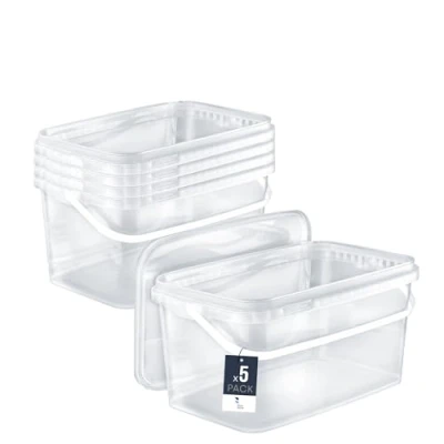 Immagine di BenBow Secchio rettangolare con coperchio 5x 5l trasparente adatto al contatto alimenti, contenitore di plastica impilabile manico vuoto