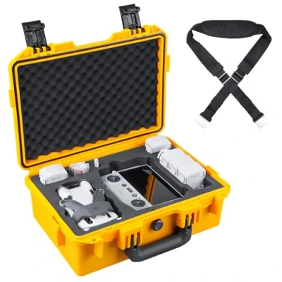 Immagine di Lykus Titan MM410 Custodia/Case/Valigia impermeabile per DJI Mini 4 Pro/Mini 3/Pro e RC2/RC/RC N2/N1, Giallo con tracolla, Supporta tracolla RC fino a 7 batterie [SOLO CUSTODIA]