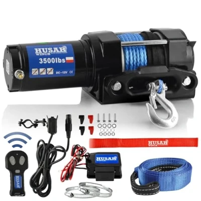 Immagine di Husar Winch Verricello Elettrico 12V fune metallica da 15 metri, molto resistente, freno automatico, kit di montaggio (3500 lbs 1587 kg (corda sintetica))