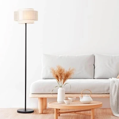 Immagine di Lightbox Lampada da terra stile nature 1,5 m di altezza Ø 36 cm Boho con interruttore e paralume in tessuto effetto lino attacco E27, max. 42 W metallo/tessuto/carta