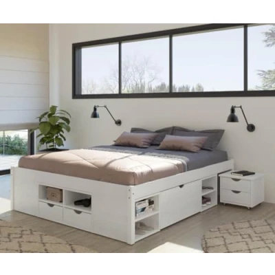 Immagine di Inter Link Letto matrimoniale con scomparti e cassetti, in vero legno biologico, laccato bianco, larghezza x altezza profondità: 209 48 186 cm