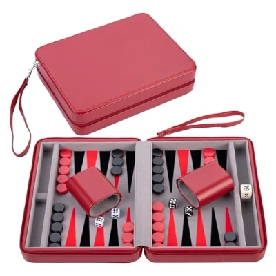 Immagine di Engelhart 250500 Custodia da Backgammon Viaggio 9&quot; Rossa con Cerniera Interno in Feltro Grigio/Nero/Rosso Accessori Inclusi