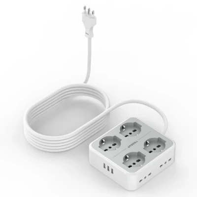 Immagine di TESSAN Ciabatta Multipresa con USB, Elettrica Prolunga 5 Metri, 4 Schuko e Bivalenti 10A/16A, Interruttore 3 USB A, Cavo 5M, 3680W