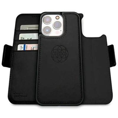 Immagine di dreem Fibonacci compatibile con iPhone 14 Pro custodia a portafoglio/custodia antiurto 2 in 1 e folio pelle vegana staccabile, MagSafe, protezione RFID [Nero]