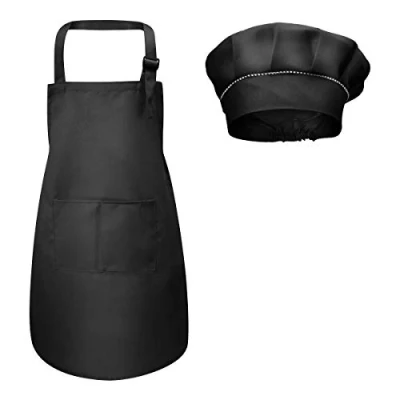 Immagine di Fodlon Grembiule per Bambini + Cappello da Cuoco, Cucina Regolabile con Tasche Chef Cucinare e Cuocere la Pittura 4 12 Anni (Nero, L)