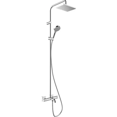 Immagine di hansgrohe Vernis Shape Colonna Doccia a Risparmio Idrico (Ecosmart) con Termostatico per Vasca, Sistema Pioggia (230X170Mm), Doccetta (2 Getti), Tubo, Asta e Soffione Quadrato, Cromo