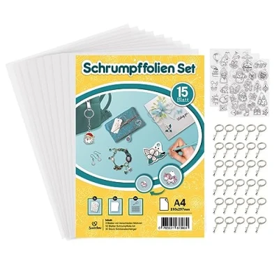 Immagine di Sweelov Il kit di fogli plastica trasparente termoretraibile include 15 e 30 accessori per portachiavi, pellicola in A4