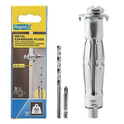 Immagine di Rapid Confezione da 10 Tasselli ad Espansione in Metallo per Pareti Cave Cartongesso e Truciolari dallo Spessore di 6 21 mm, Supportano fino un Carico 50 Kg