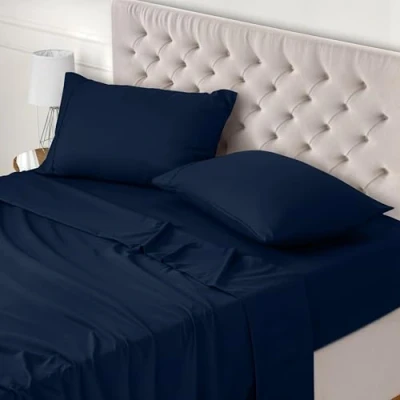 Immagine di Utopia Bedding Set Lenzuola Matrimoniali 4 Pezzi 180x200 cm Letto, Spazzolata Poliestre di Microfibra Lenzuolo con Angoli, Piatto e 2 Federe 50x75, Blu Navy