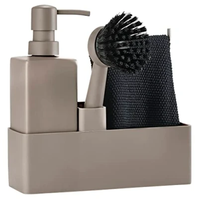 Immagine di Zone Denmark Set di 4 organizer per stoviglie con dispenser sapone/detersivo piatti, strofinaccio e spazzola 19 x 6 20,5 cm, colore: Tortora