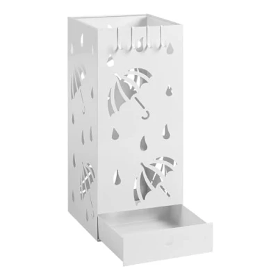Immagine di Laneetal Portaombrelli in Metallo con Vassoio Estraibile, Porta Ombrelli per Interno 4 Ganci, Motivi a Ritaglio di e Gocce Pioggia, 20x20x49cm, Bianco