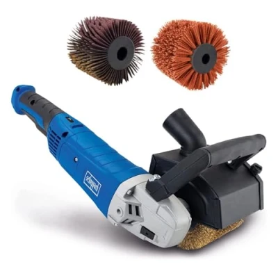 Immagine di Scheppach Rasatrice MRS1300 con avvio morbido e potenza 1300 W, spazzola in ottone, striscia abrasiva nylon, larghezza 100 mm, velocità di rotazione variabile, attacco per impianto
