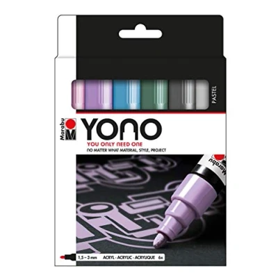 Immagine di Marabu YONO 124000004003 Set di pennarelli acrilici a 6 colori, versatili con punta tonda giapponese 1,5 3 mm, base d&#039;acqua, resistenti alla luce e impermeabili, per quasi tutte le superfici