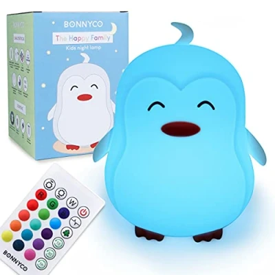 Immagine di Luce Notturna Bambini con Telecomando e Sensore Tattile 16 Colori BONNYCO Lampada per Timer Lucina Silicone BPA Free Pinguino