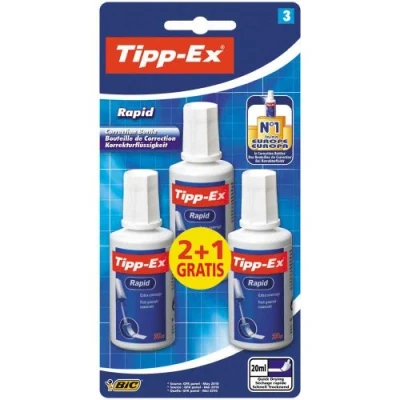 Immagine di Tipp Ex Rapid, bottiglia di correttore liquido alta qualità, eccellente copertura, 20 ml, confezione da 3, bianco