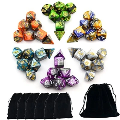 Immagine di SmartDealsPro Set di dadi poliedrici a due colori con tasche per D&amp;D DND RPG MTG Dungeon e Dragons Table Board Roll Play Games D4 D6 D8 D10 D% D12 D20 (set 6 colori)