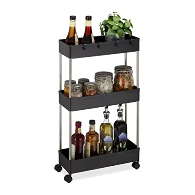 Immagine di Relaxdays Mobile Salvaspazio, Scaffale su Ruote con 3 Ripiani, per Bagno &amp; Cucina, Carrello 70 x 15,5 40,5 cm, Nero, plastica 50% Acciaio Inox