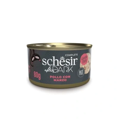 Immagine di Schesir After Dark, Gusto Pollo e Manzo in patè, Cibo Umido Completo per Gatti Adulti (lattine12 da 80g)