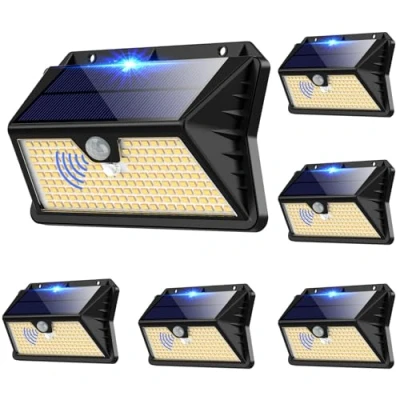 Immagine di OUILA Faro LED Esterno con Pannello Solare, 6 Pezzi Luce Solare Sensore di Movimento, 185 LED/3 Modos Lampada da Esterno, Impermeabile Lampione per Giardino (Bianco caldo)