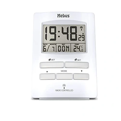 Immagine di Mebus digitaler Funk Wecker mit Temperaturanzeige, Zwei Weckzeiten und Kalender, Funkuhr/Material: Kunststoff/Farbe: Weiß/Modell: 51501
